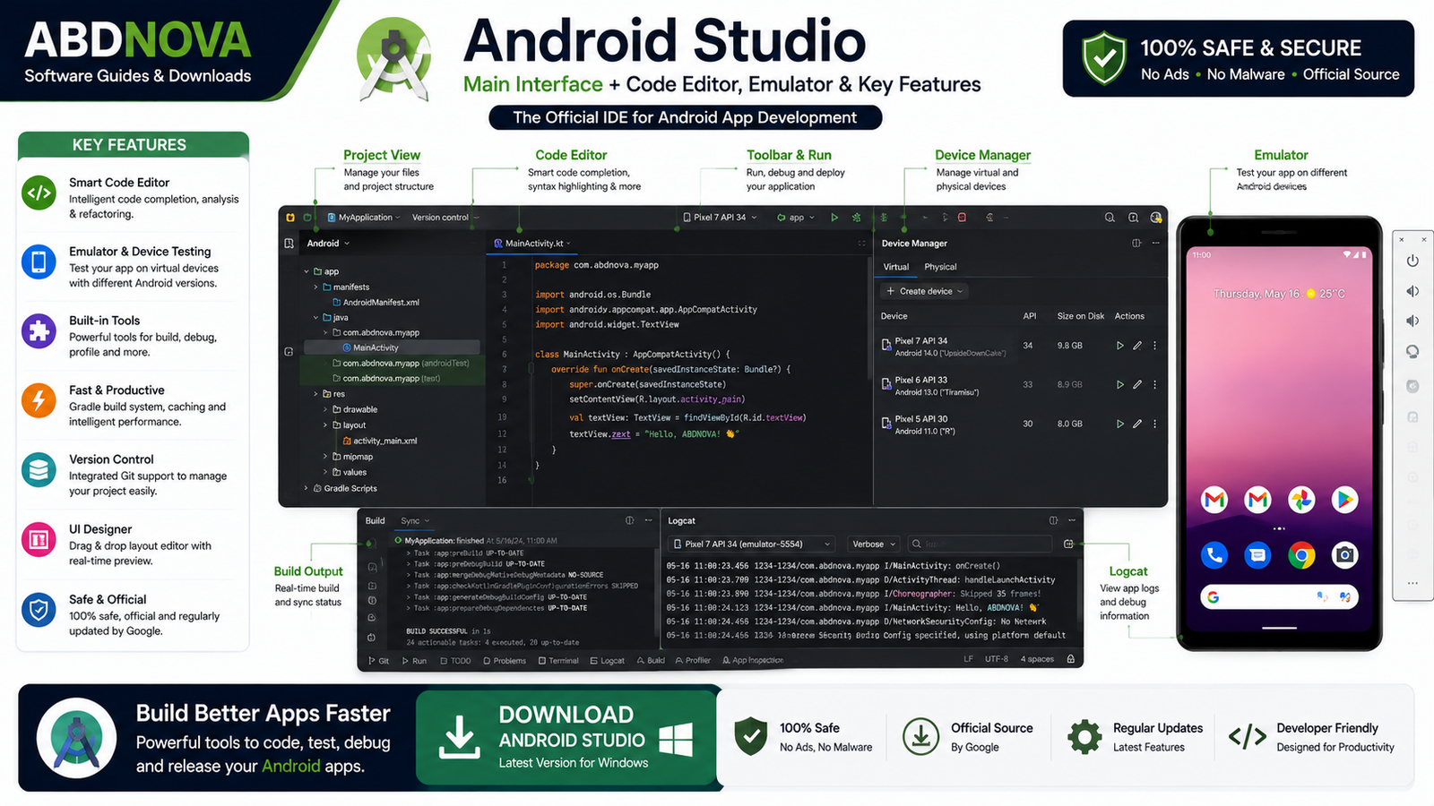 Android Studio Main Interface Code Editor Emulator and Key Features