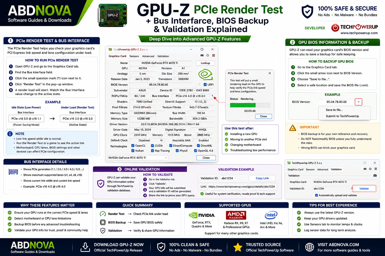 GPU-Z PCIe Render Test Bus Interface and BIOS Backup