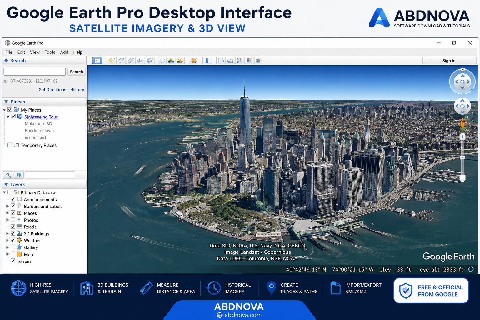 Google Earth Pro Desktop Interface + Satellite & 3D View