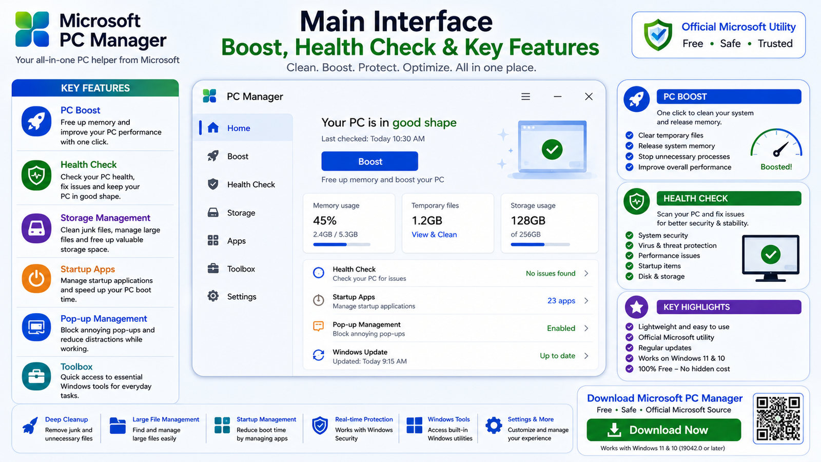 Microsoft PC Manager Main Interface Boost and Health Checkup