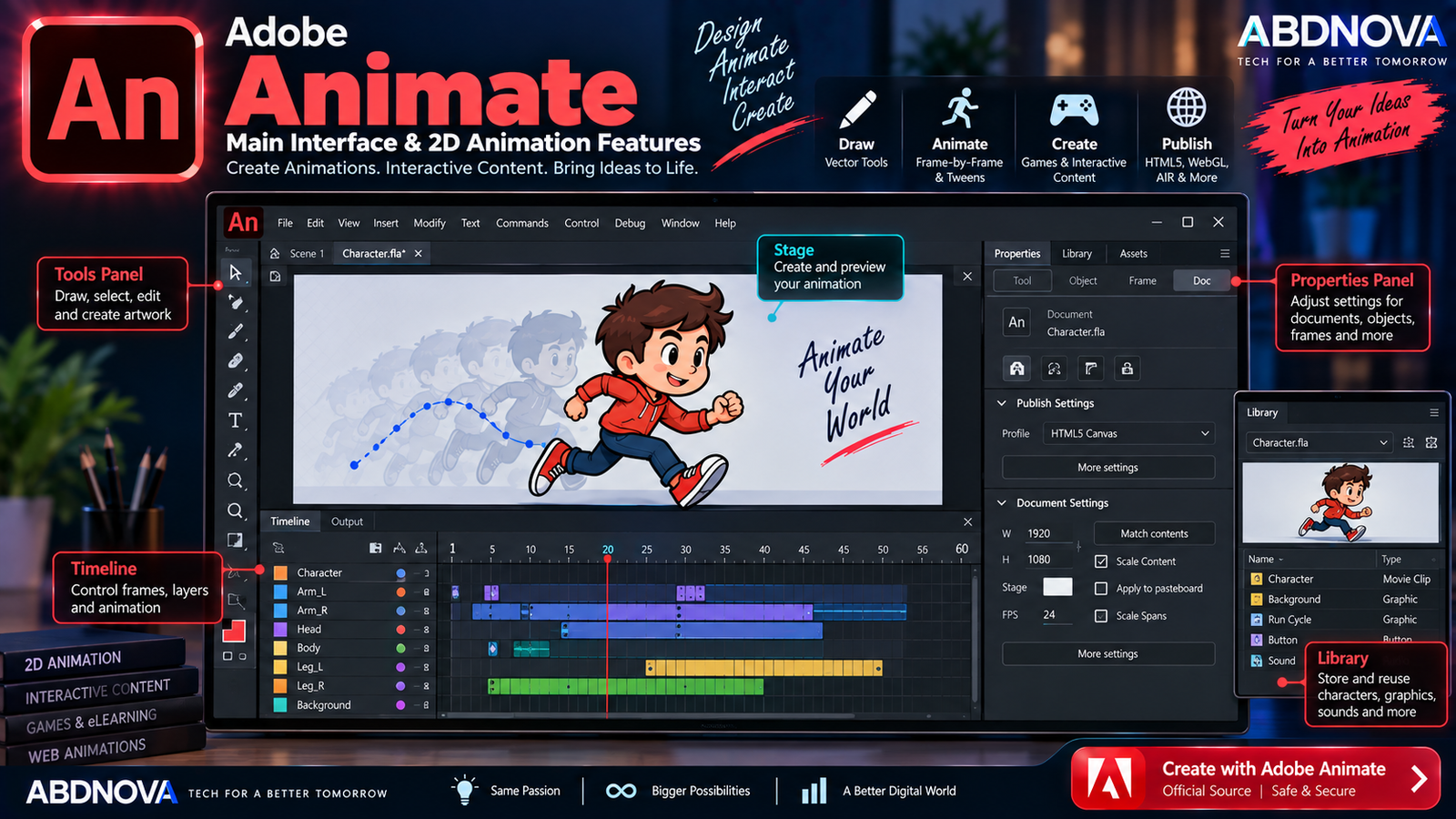 Adobe Animate Main Interface and 2D Animation Features