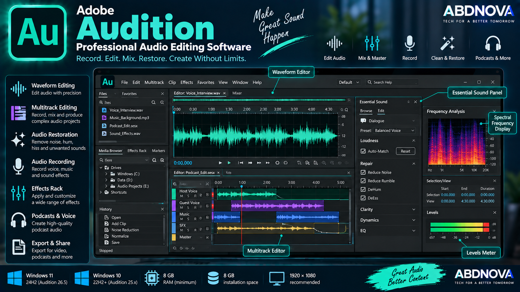 Adobe Audition Main Interface and Audio Editing Features