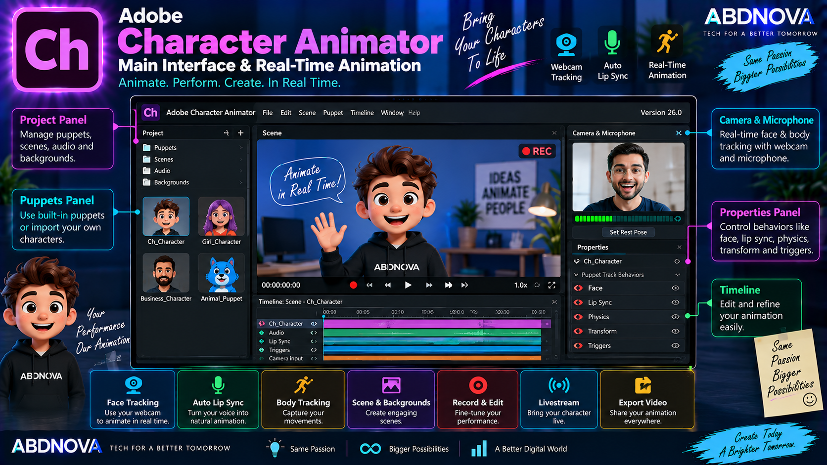 Adobe Character Animator Main Interface and Real-Time Animation