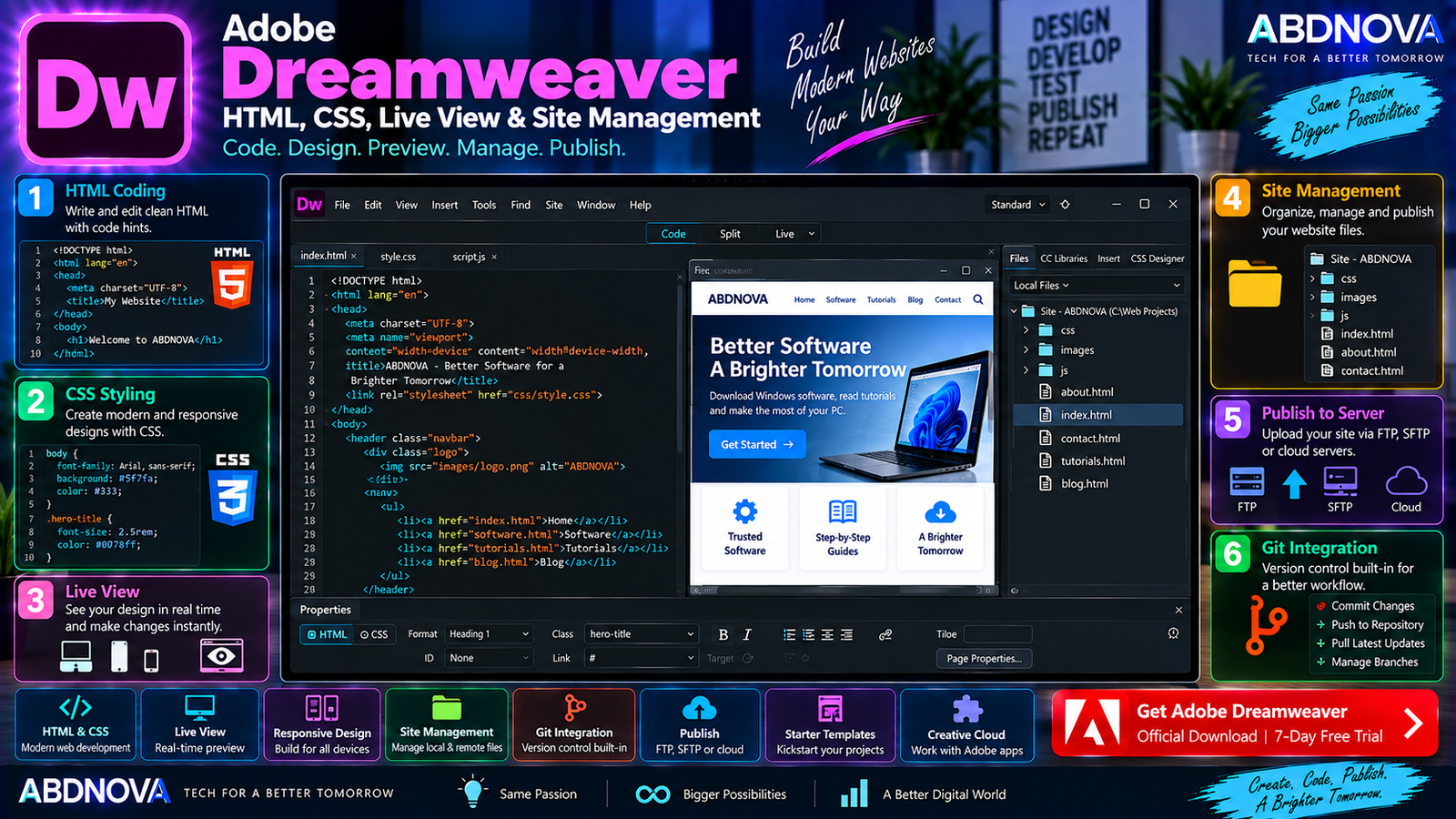 Adobe Dreamweaver HTML CSS Live View and Site Management