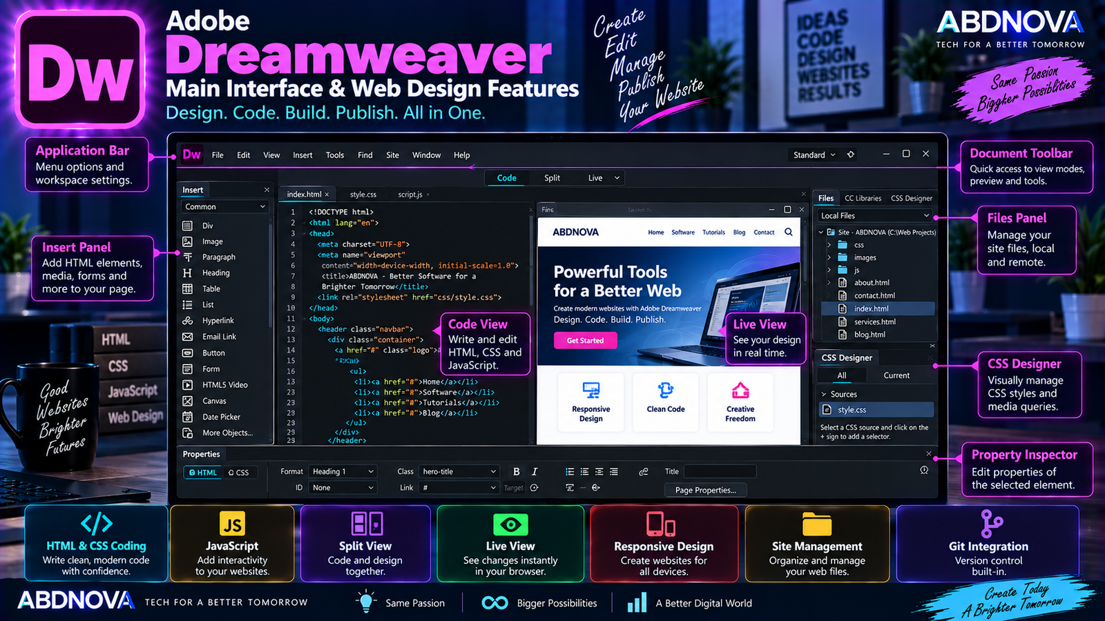Adobe Dreamweaver Main Interface and Web Design Features