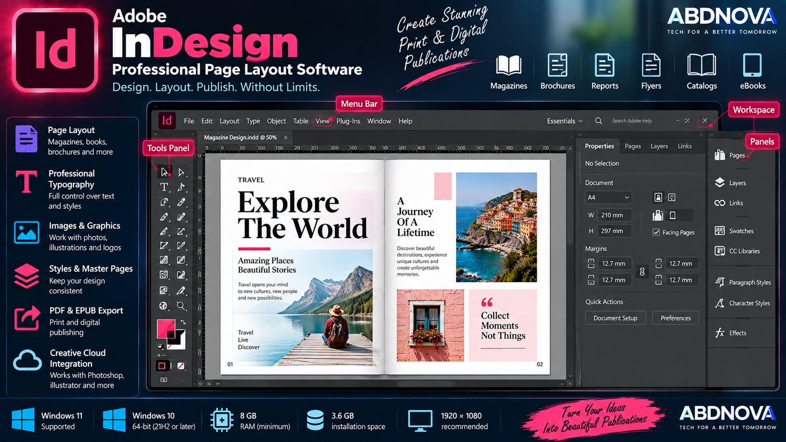 Adobe InDesign Main Interface and Page Layout Features