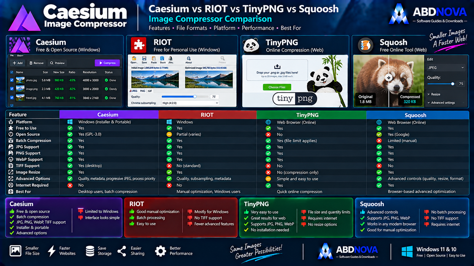 Caesium vs RIOT vs TinyPNG vs Squoosh Image Compressor Comparison