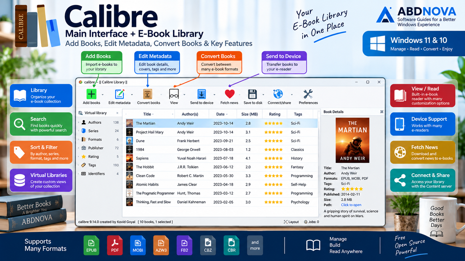 Calibre Main Interface E-Book Library Add Books Edit Metadata and Convert Books