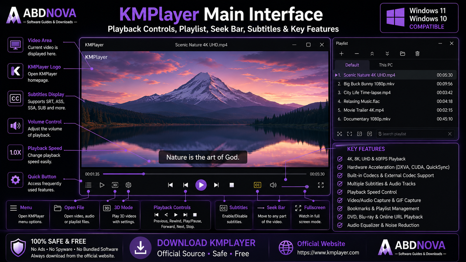 KMPlayer Main Interface Controls Playlists Audio and Settings