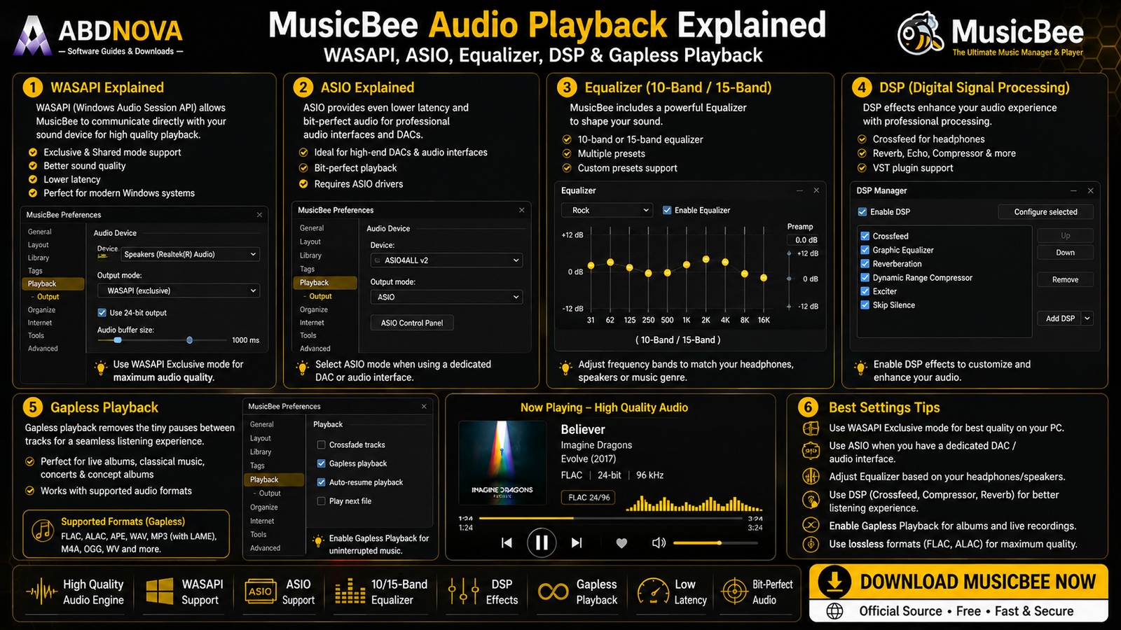 MusicBee Audio Playback WASAPI ASIO Equalizer DSP and Gapless Playback