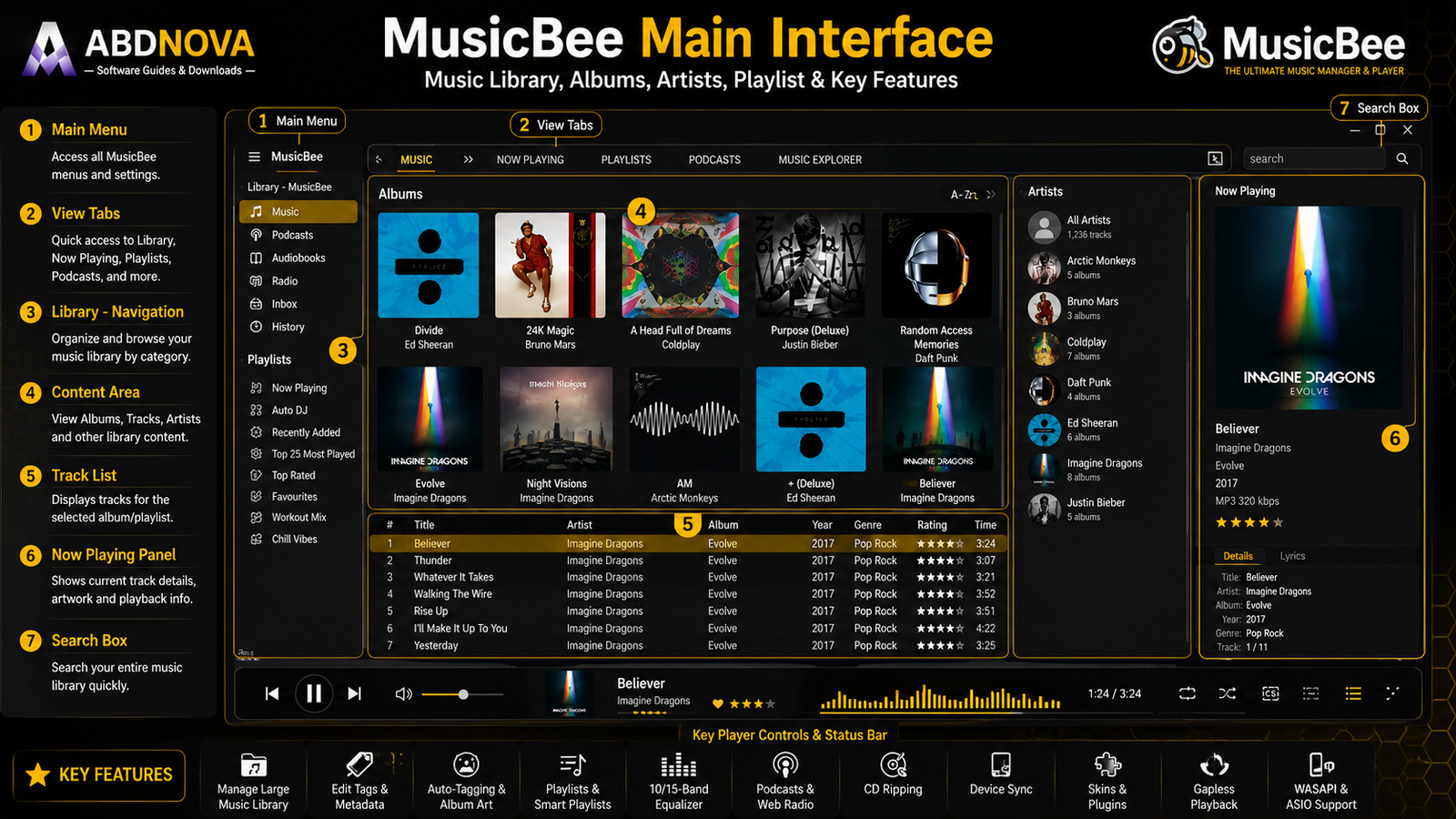 MusicBee Main Interface Music Library Albums Artists Playlist and Player Controls