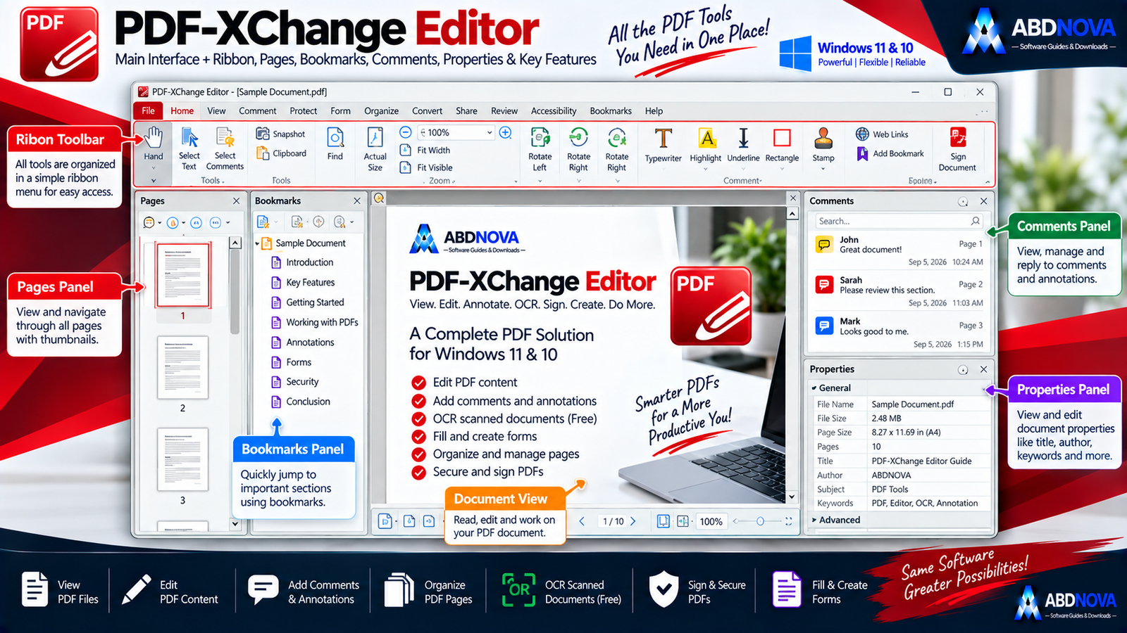 PDF-XChange Editor Main Interface Ribbon Pages Bookmarks and Comments