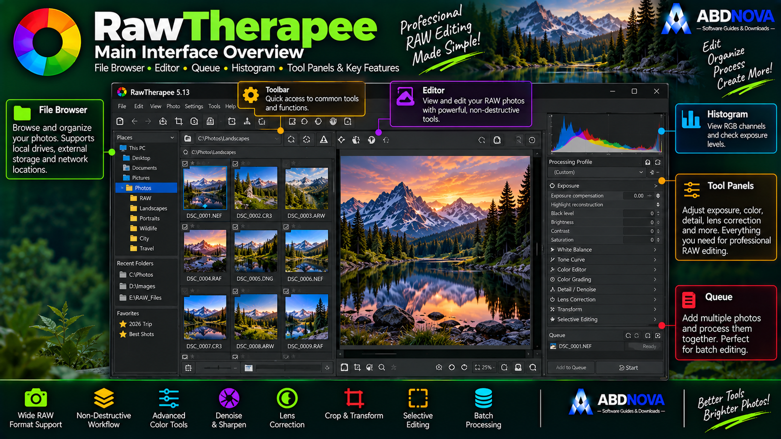 RawTherapee Main Interface File Browser Editor Queue and RAW Workflow