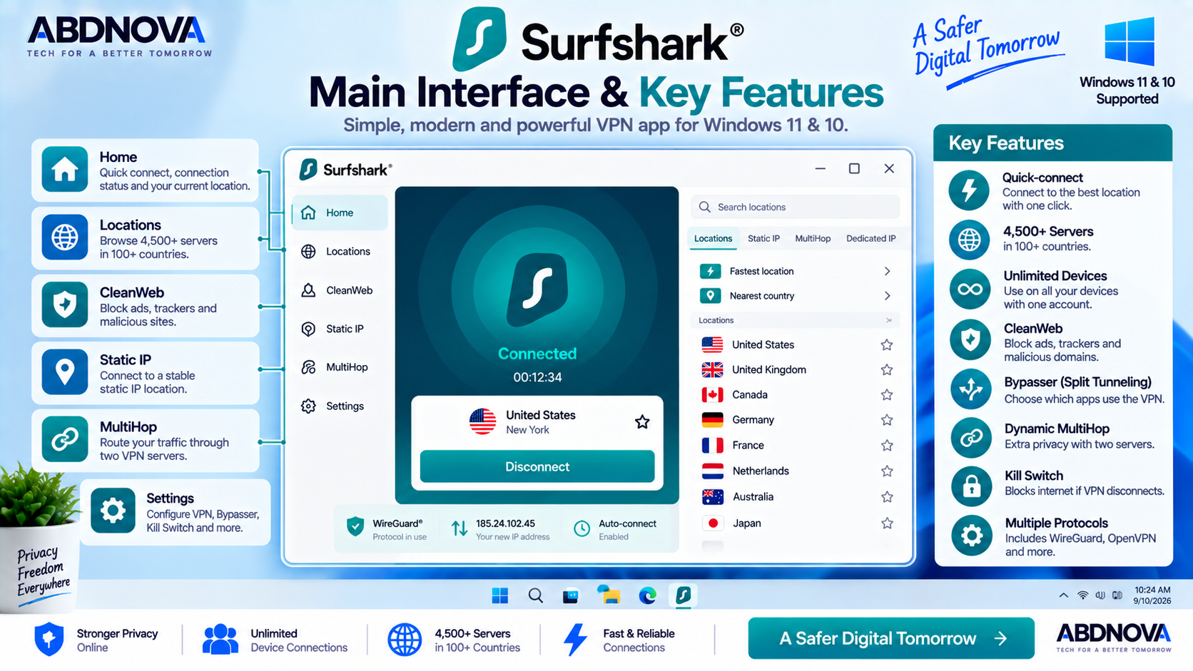 Surfshark VPN Main Interface and Key Features