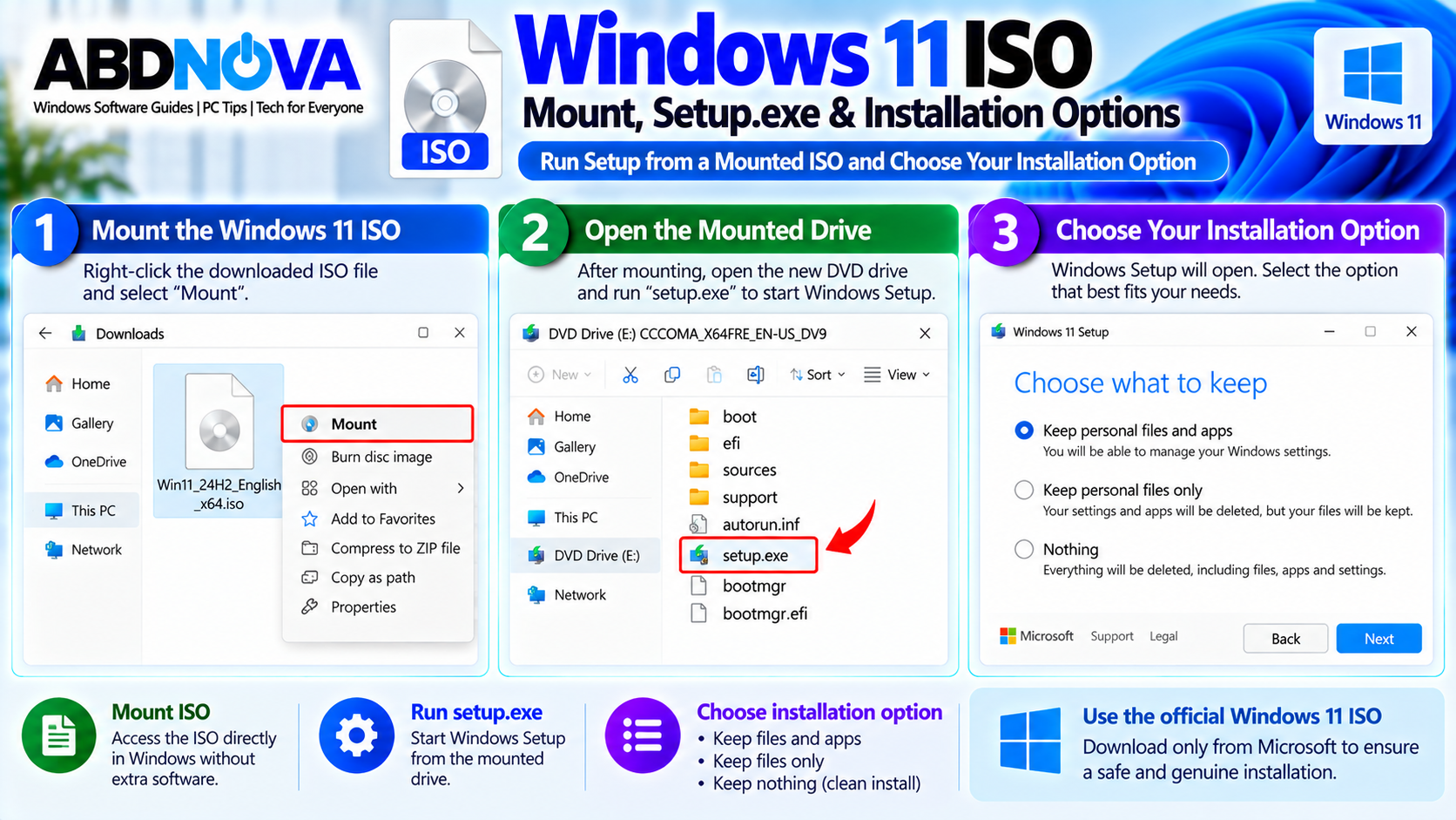 Windows 11 ISO Mount Setup.exe and Installation Options