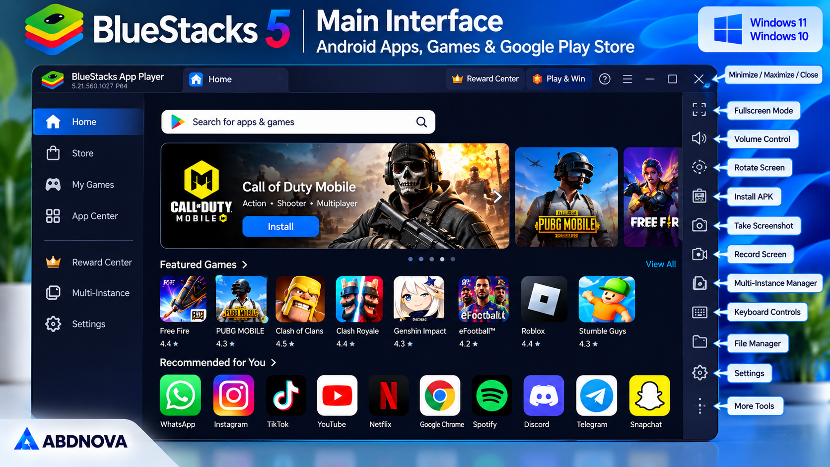 BlueStacks 5 Main Interface Android Apps Games and Google Play Store