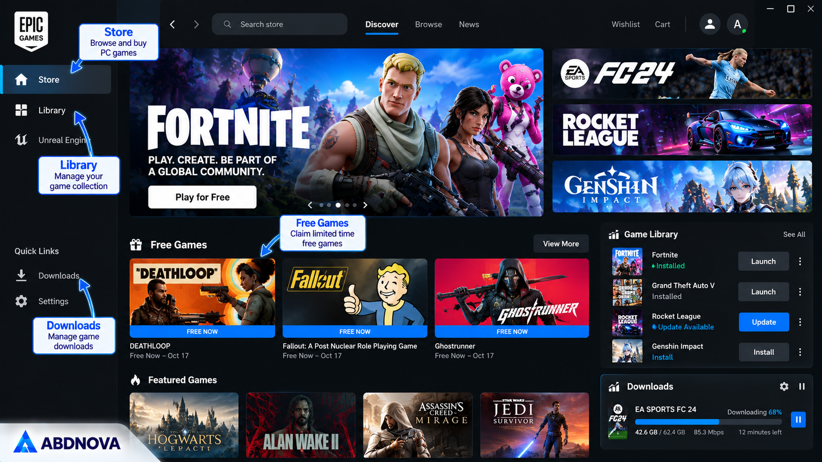 Epic Games Launcher Main Interface Store Library Free Games and Downloads