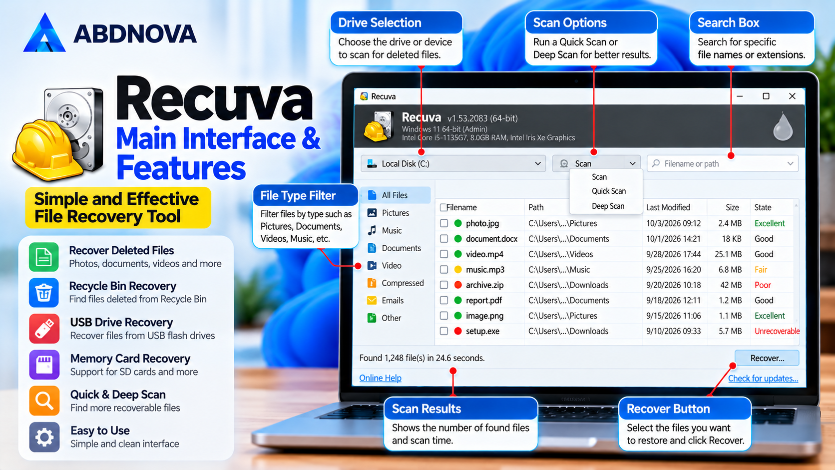 Recuva Main Interface and File Recovery Features