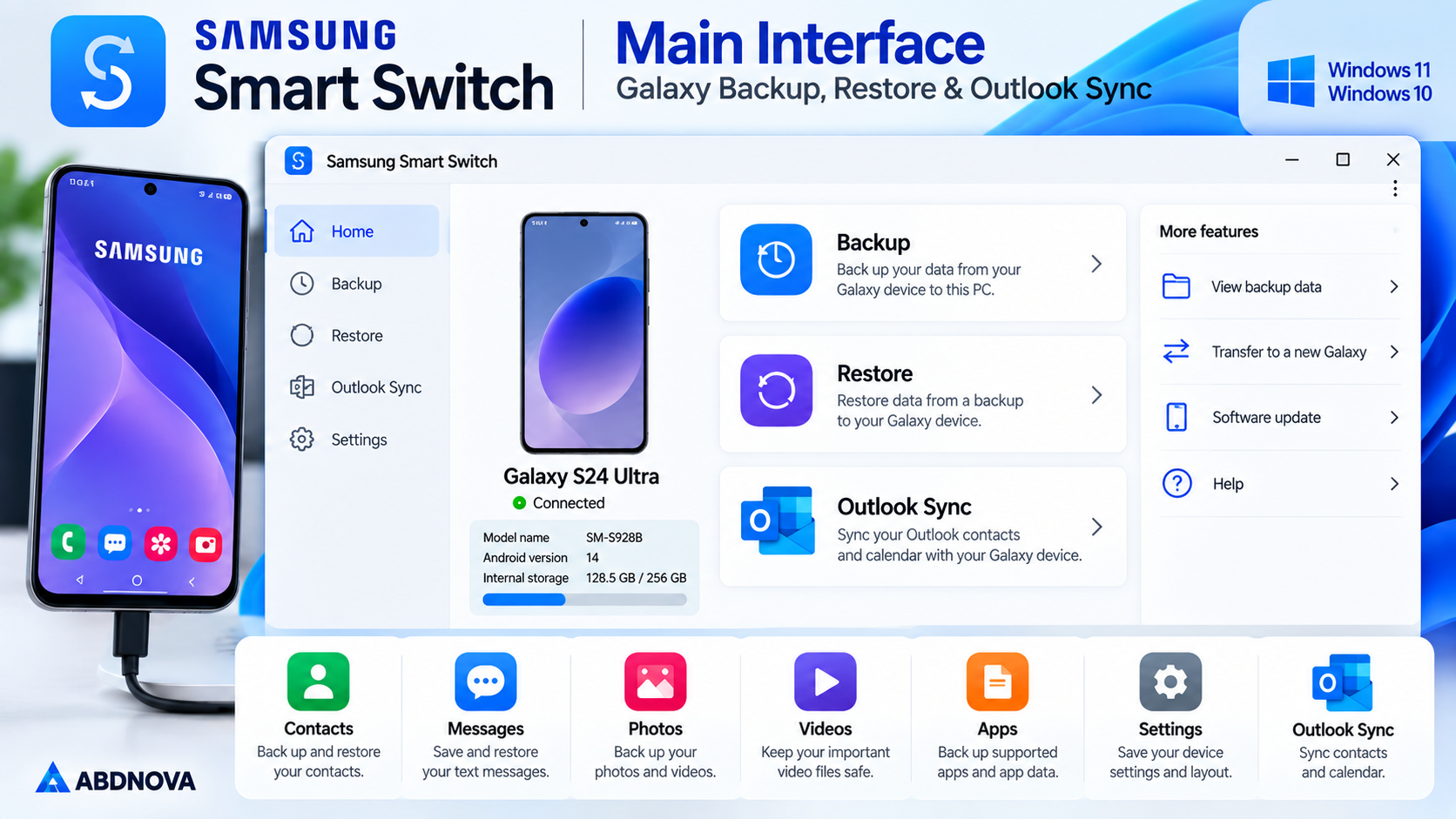 Samsung Smart Switch Main Interface Galaxy Backup Restore and Outlook Sync