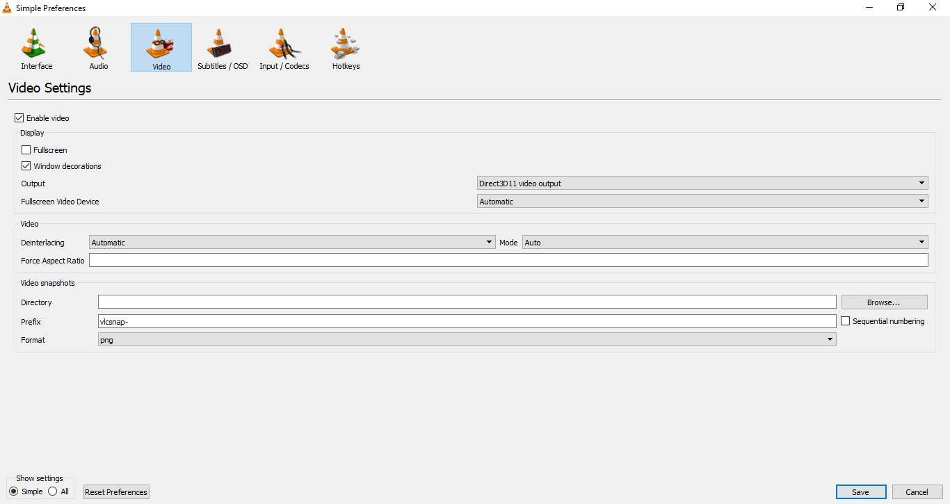 VLC Direct3D11 video output setting